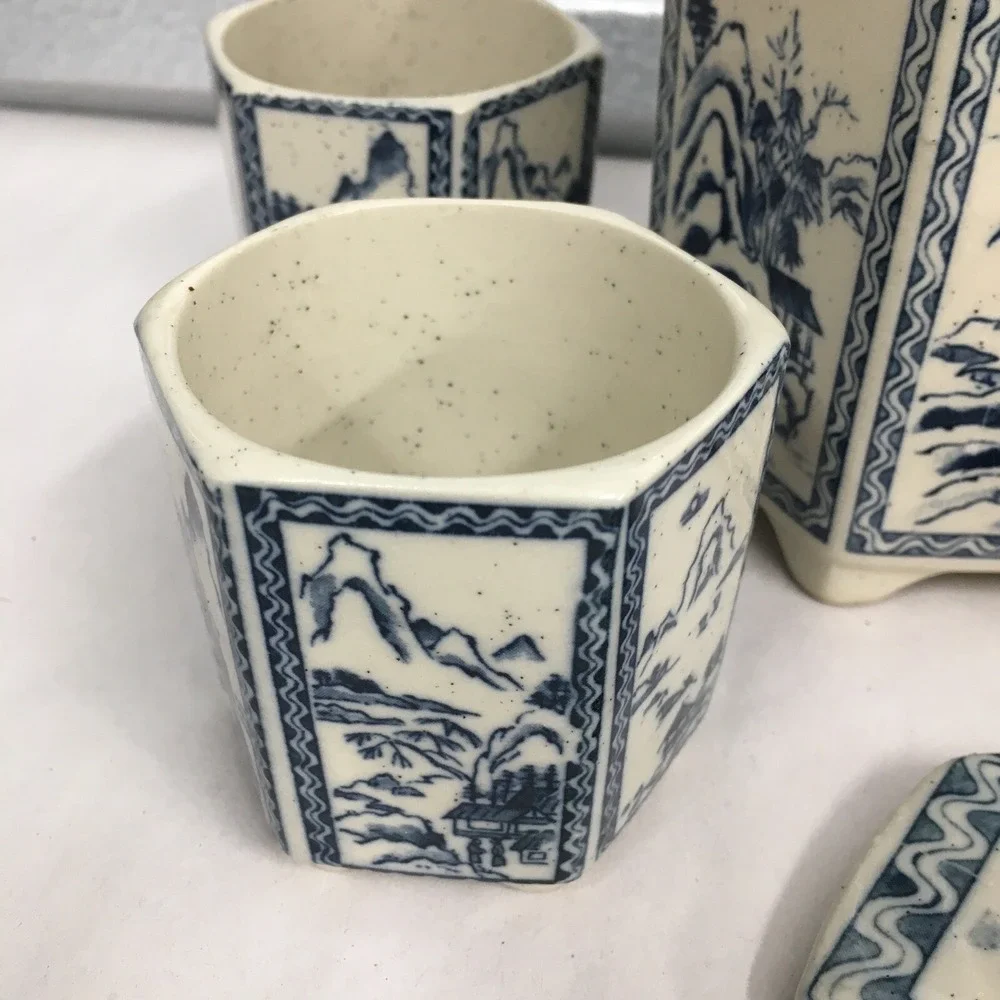 Pier One Imports Vintage Japanese Hexagonal Tea Set Bamboo Handle Blue and White
